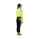 Neon yellow and black reflector riding tights by hy equestrian with reflective gray panels for eye-catching reflector riding
