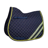 Navy blue quilted reflector saddle pad with neon yellow and silver reflective stripes from hy equestrian