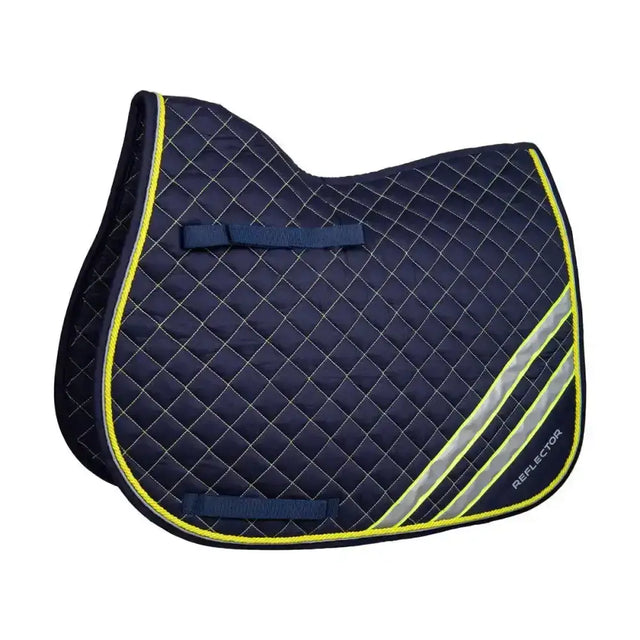 Navy blue quilted reflector saddle pad with neon yellow and silver reflective stripes from hy equestrian