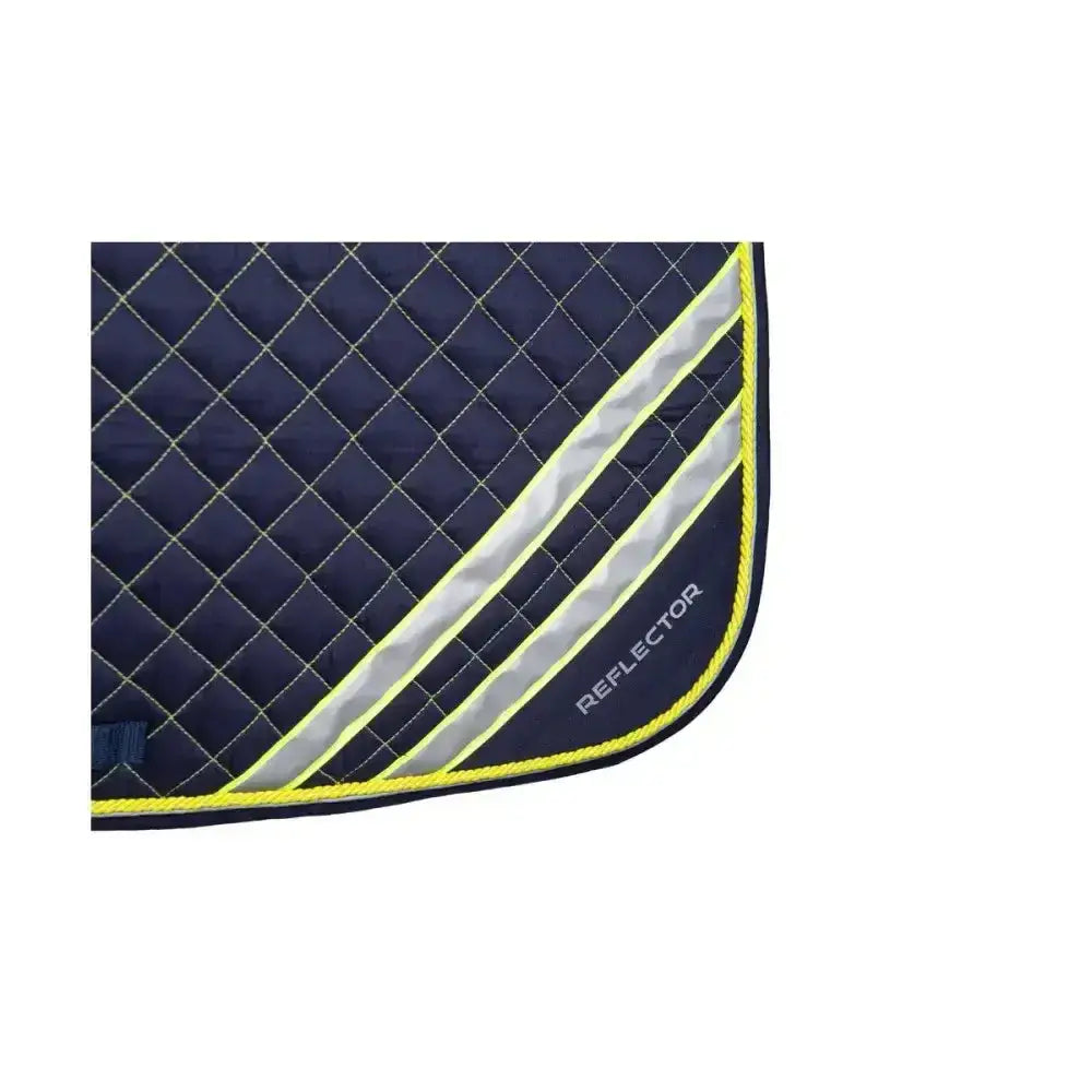 Navy blue quilted reflector saddle pad with bright yellow trim and reflective silver stripes from pad hy equestrian