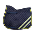 Navy blue quilted reflector saddle pad hy equestrian with neon yellow trim and reflective silver stripes for riding