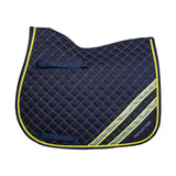 Navy blue reflector saddle pad with neon yellow trim and reflective silver stripes from pad hy equestrian