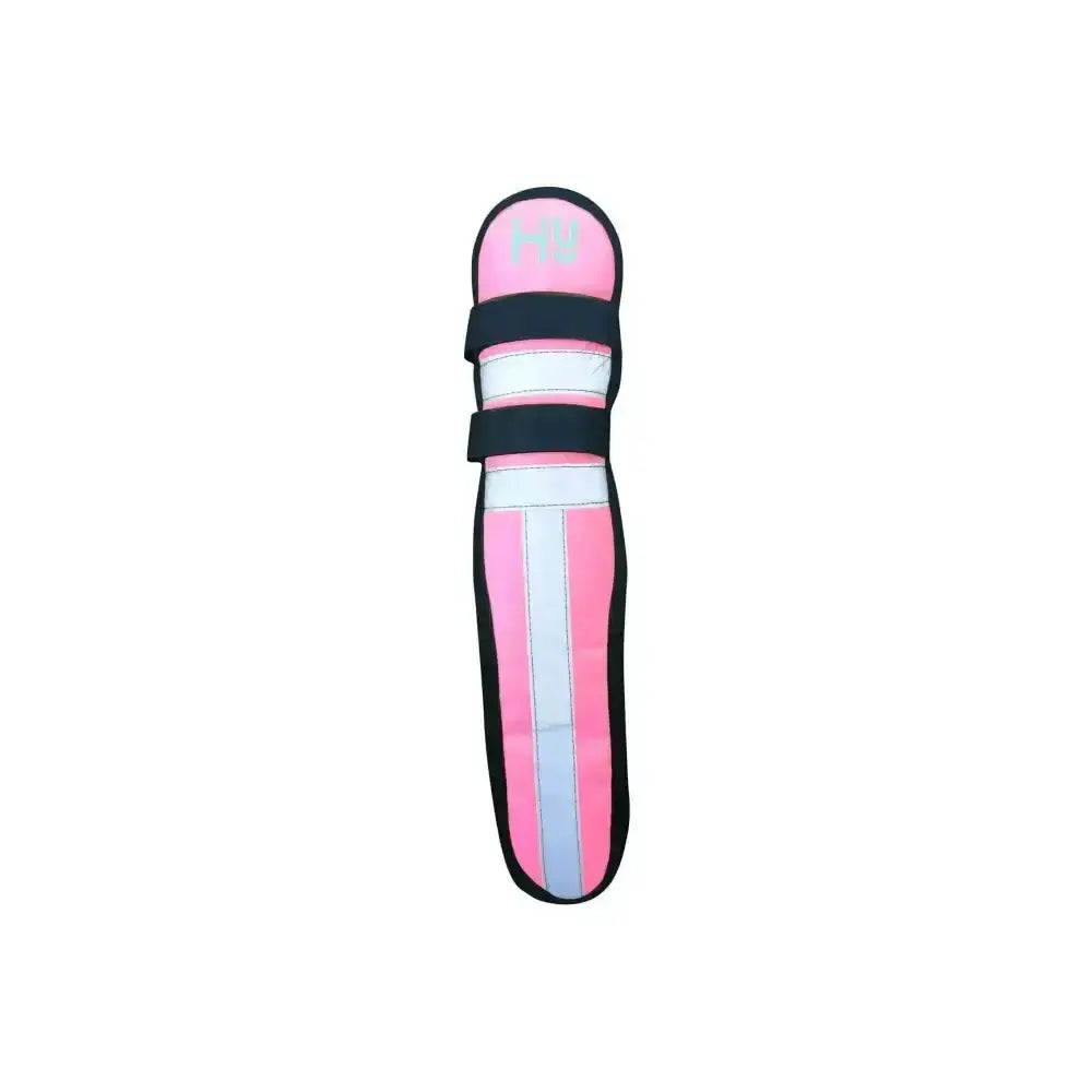 Pink and white reflector tail guard by hy equestrian with black touch tape fastenings and soft fleece underside