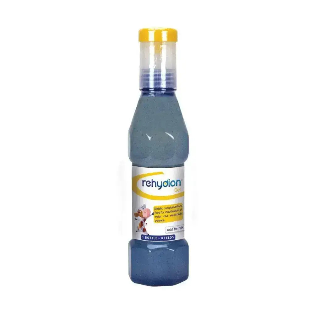 Blue liquid-filled rehydion bottle with yellow cap and white label for pediatric oral hydration and scouring calves by ceva animal health
