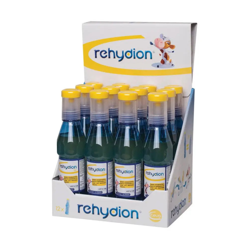 Rehydion oral hydration solution bottles with yellow caps and blue liquid in plastic for scouring calves by ceva animal health
