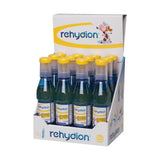 Rehydion oral hydration solution bottles with yellow caps and blue liquid in plastic for scouring calves by ceva animal health