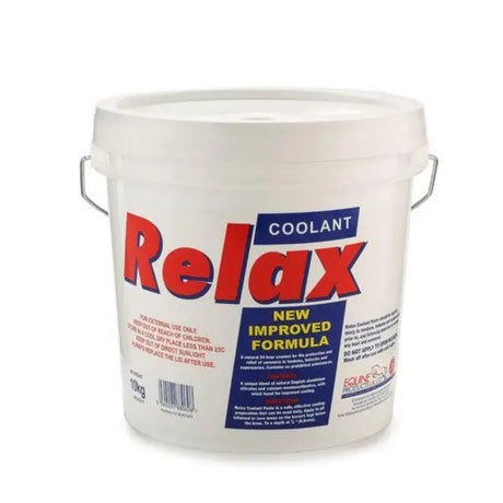 White plastic bucket with metal handles labeled coolant relax for horse care and leg care cooling clay product relax