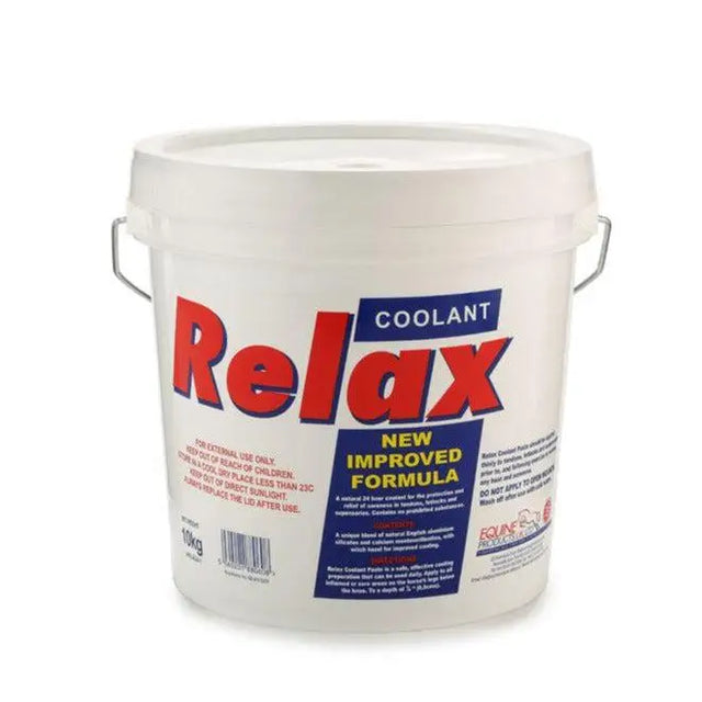 White plastic bucket with metal handles labeled coolant relax for horse care and leg care cooling clay product relax