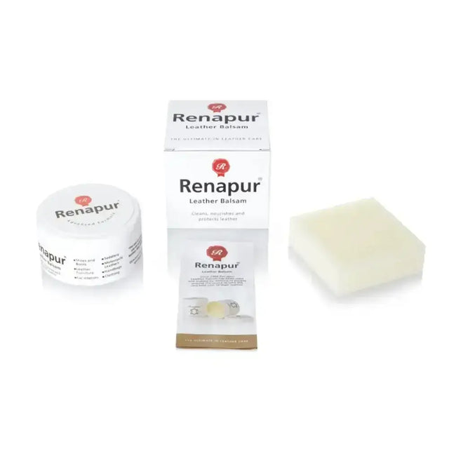 Renapur leather balsam 125ml set with white jar, pale yellow balm block, and smart presentation box packaging
