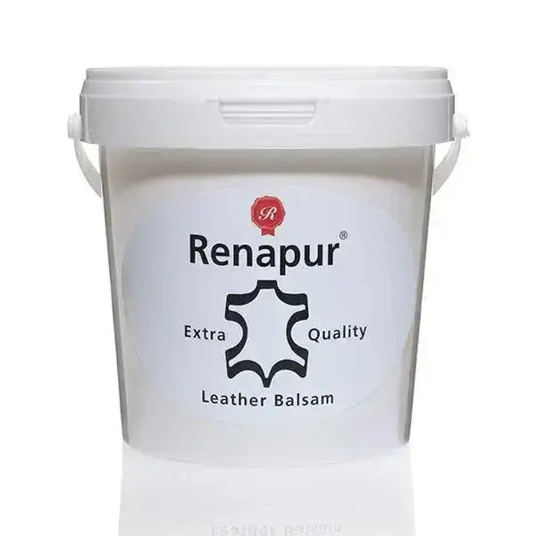 Renapur leather balsam in a white plastic bucket with handles for restoring leather goods and equestrian tack cleaning