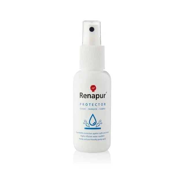 White plastic renapur suede protector spray bottle with clear nozzle and black button eco-friendly advanced spray solution protects suede