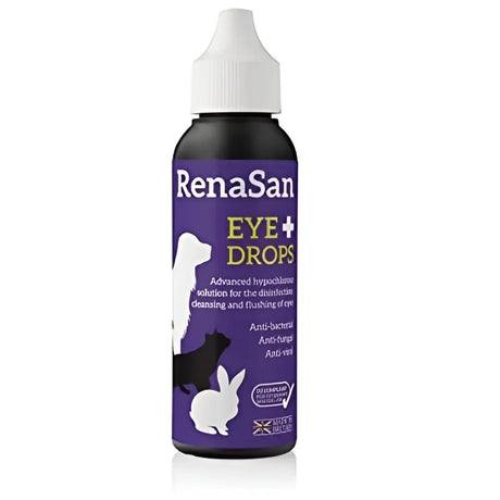 Purple bottle of renasan eye drops 60ml with white dropper cap and pet silhouettes for natural eye cleaning solution