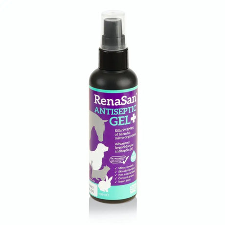 Renasan antiseptic aid gel 100ml in black spray bottle with purple teal label and pet silhouettes for first aid use