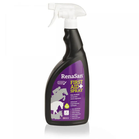Renasan first aid spray in black bottle with white nozzle and purple label shows advanced hypochlorous antiseptic for pets