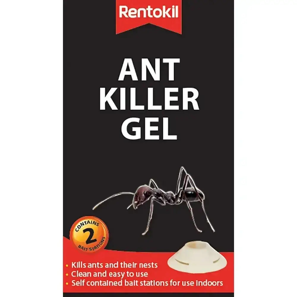 Rentokil ant killer gel in black and red packaging with specially formulated gel and two white bait stations