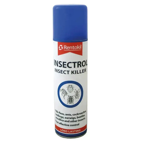 Blue-capped rentokil insectrol aerosol spray can with white label red accents and pest illustrations for insect control