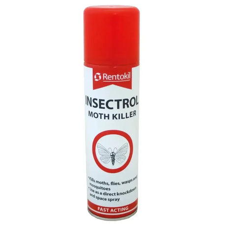 Red and white aerosol can of rentokil insectrol moth killer spray for fast control of moths and larvae