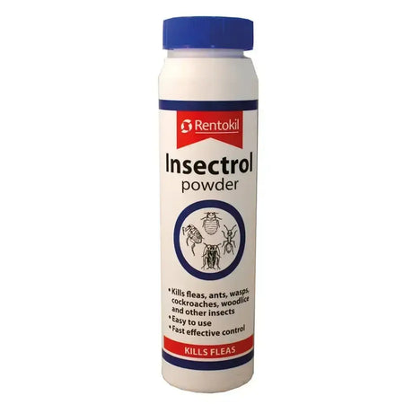 White cylindrical container with blue cap and red white label showing rentokil insectrol powder product name