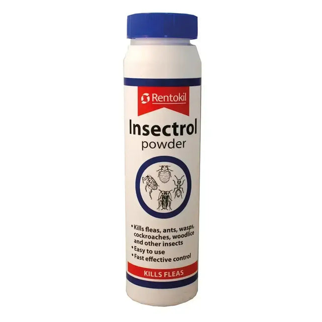 White cylindrical container with blue cap and red white label showing rentokil insectrol powder product name