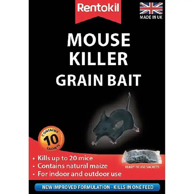 Rentokil mouse killer grain bait in black and red pack with 10 tamper resistant maize sachets for indoor outdoor use