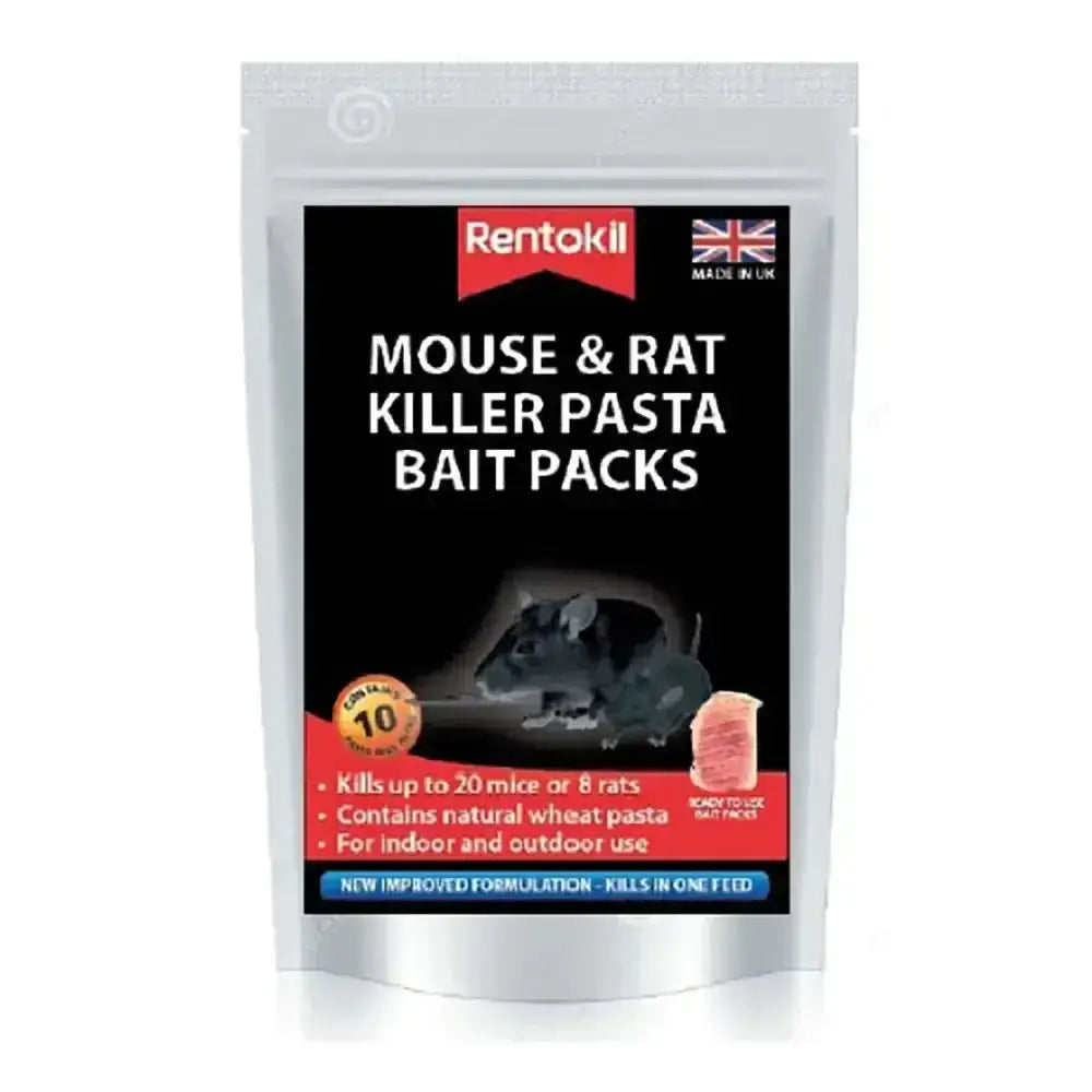 Rentokil mouse and rat killer pasta bait in a silver resealable pouch with tamper resistant bait packaging