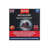Rentokil mouse and rat weatherproof blocks in red square shape designed as tamper resistant bait for pests