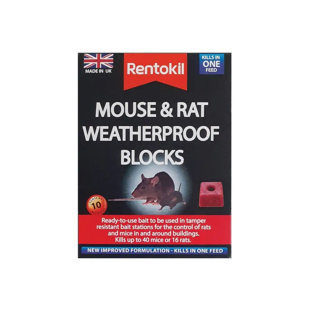 Rentokil mouse and rat weatherproof blocks in black and red packaging with tamper resistant bait for outdoor use