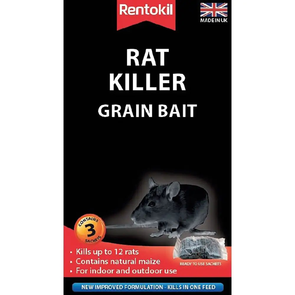 Rentokil rat killer grain bait in black and red pouch with three tamper resistant sachets of natural maize