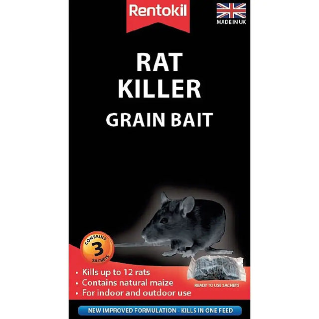Rentokil rat killer grain bait in black and red pouch with three tamper resistant sachets of natural maize