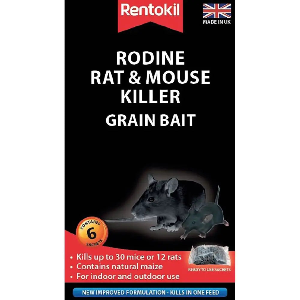 Rentokil rodine rat and mouse killer grain bait six black and red sachets with natural maize bait for indoor outdoor use
