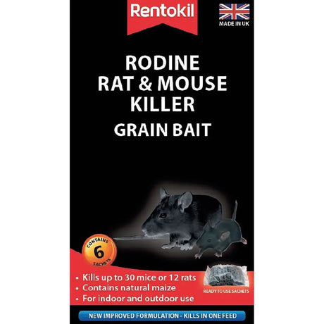 Rentokil rodine rat and mouse killer grain bait six black and red sachets with natural maize bait for indoor outdoor use