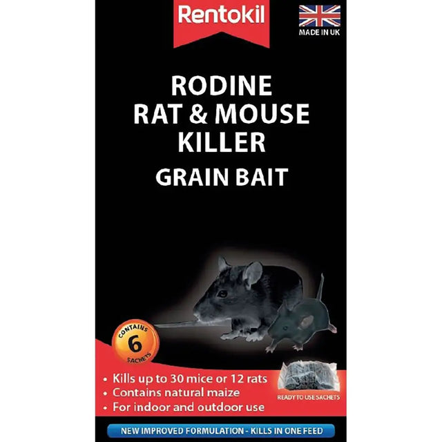 Rentokil rodine rat and mouse killer grain bait six black and red sachets with natural maize bait for indoor outdoor use