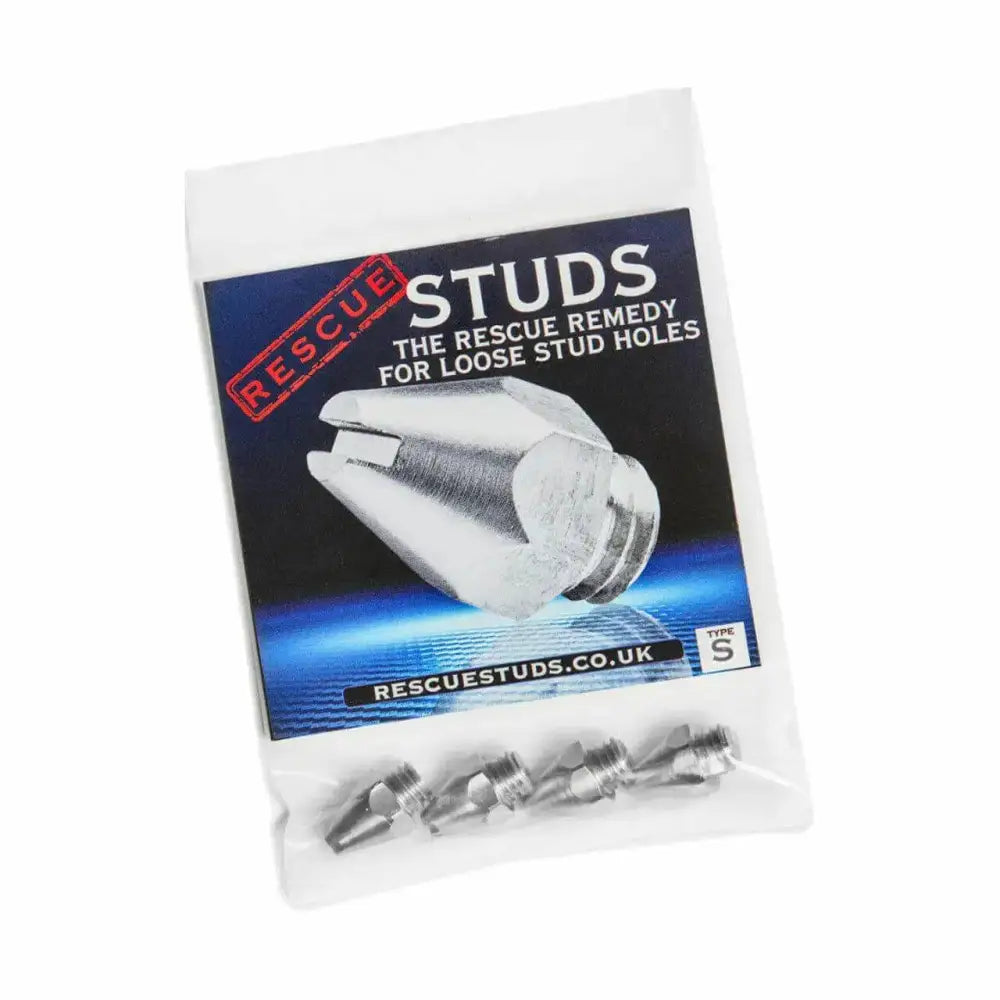 Silver metallic rescue studs in clear plastic package for fixing loose stud holes and horse re-shod hoof care