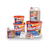 Restore-lyte horse electrolytes in a translucent plastic jug with orange cap for rapid ion salts lost replacement