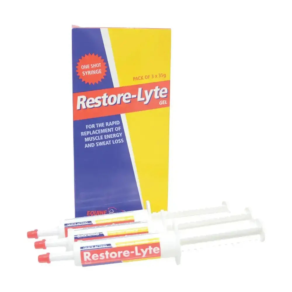 Restore-lyte gel in a white syringe with red caps and orange branding in blue yellow box for rapid replacement of horse electrolytes and ion salts lost