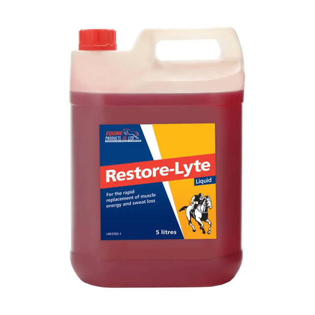 A 5-litre white plastic jug with red cap filled with reddish restore-lyte liquid for horse electrolytes by equine products ltd