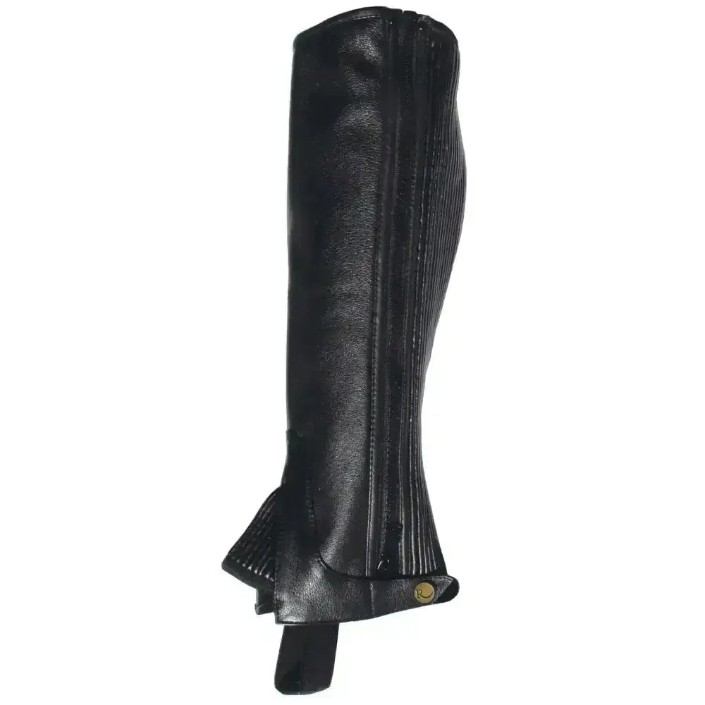 Black leather Rhinegold adult leather gaiter with vertical pleats and brass snap for comfortable elasticated wear