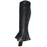 Black leather Rhinegold adult leather gaiter with vertical pleats and brass snap for comfortable elasticated wear