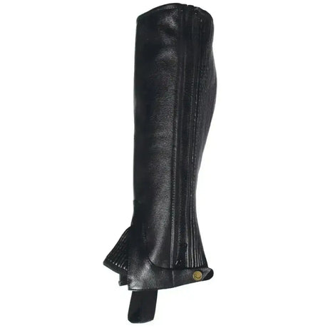 Black leather Rhinegold adult leather gaiter with vertical pleats and brass snap for comfortable elasticated wear