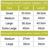 Rhinegold adult and children leather gaiters in soft black leather with comfortable elasticated leather and size specs