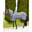 Black and white zebra-striped rhinegold fly rugs neck fly rug with adjustable straps made from fully breathable mesh