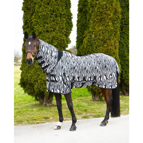 Black and white zebra-striped rhinegold fly rugs neck fly rug with adjustable straps made from fully breathable mesh