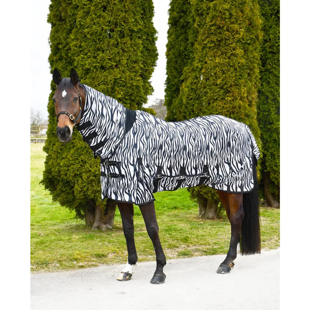 Black and white zebra-striped rhinegold fly rugs neck fly rug with adjustable straps made from fully breathable mesh