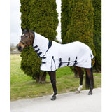 White horse blanket with black trim and adjustable straps rhinegold fly rugs fully breathable mesh neck fly rug
