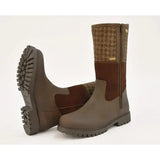 Brown leather and woven fabric ankle boots with rugged tread sole in rhinegold albany tweed country style