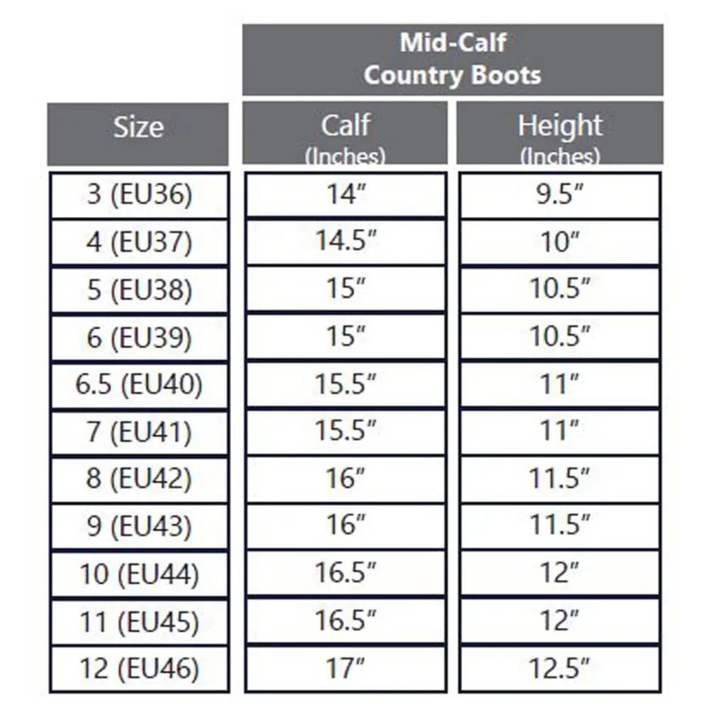 Size chart for Rhinegold Albany Tweed Country Boot with calf and height measurements