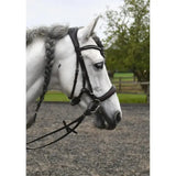 Black leather rhinegold anatomical cavesson bridle with silver hardware for comfortable riding control