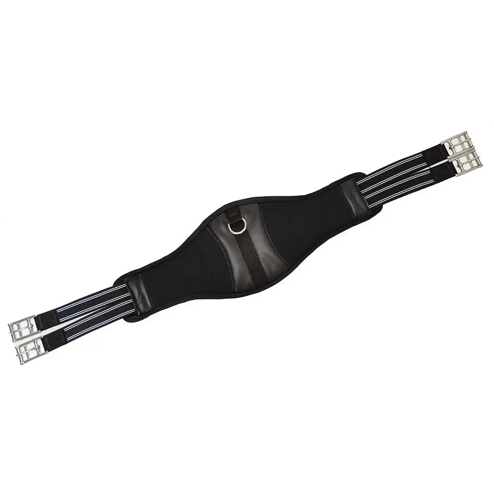 Black leather rhinegold shaped memory foam girth with silver buckles and adjustable straps for comfortable fit