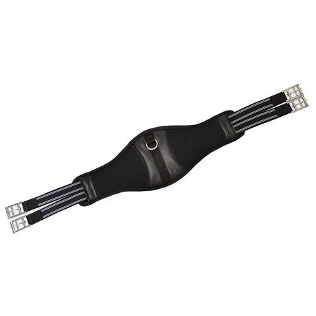 Black leather rhinegold shaped memory foam girth with silver buckles and adjustable straps for comfortable fit