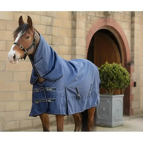 Blue rhinegold arizona 100g lightweight turnout rug with black buckles white stitching and full neck design